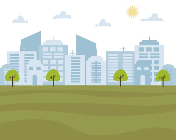 Paysage urbain en arrière-plan avec des bâtiments formes, des arbres et des nuages. Parc vert urbain. Illustration vectorielle
 - Vecteur, image