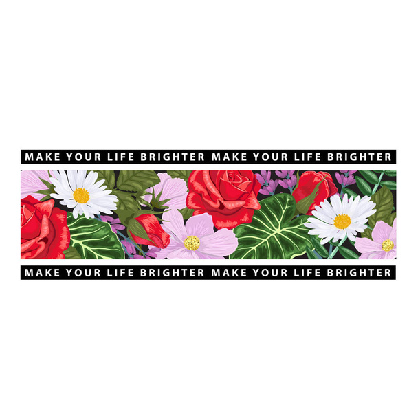 Stampa T-shirt con fiori e nastri neri con uno slogan Rendi la tua vita più luminosa
. - Vettoriali, immagini