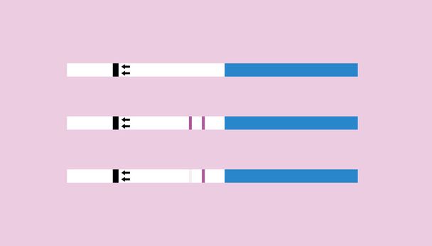 Το σύγχρονο επίπεδο σετ δοκιμών εγκυμοσύνης. Σετ δοκιμών stick αχρησιμοποίητα, θετικά και αρνητικά απομονώνονται σε ροζ φόντο. Στοιχείο σχεδιασμού για πανό, αφίσα, πληροφοριακό γραφικό, ιατρική κλινική - Διάνυσμα, εικόνα
