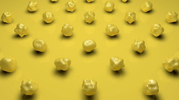 3D-Rendering einer Reihe sphärischer Objekte gelber Farbe mit einer gewellten Oberfläche auf gelb-mattem Hintergrund. Bild für den Desktop-Hintergrund. abstrakte, 3D-Illustration des futuristischen Designs. - Foto, Bild