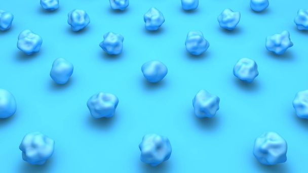 3D-Illustration vieler zerknüllter, formloser blauer Kugeln auf blauem Hintergrund. 3D-Rendering, abstraktes Bild für Desktophintergründe, Hintergründe und Bildschirmschoner. - Foto, Bild