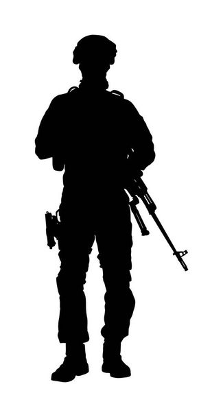 Leger soldaat met sluipschuttersgeweer op Duty vector silhouet (herdenkingsdag, Veteran's dag, 4 juli, Onafhankelijkheidsdag) soldaat houdt het horloge op de wacht. Ranger op de grens. Commandos saluting.  - Vector, afbeelding