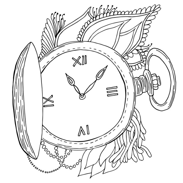 Vintage pocket watch with chain isolated on white background. For tattoo, logo or print. Hand drawn object for adult anti stress coloring page. - Vector, imagen