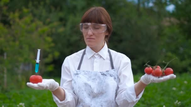 Επιστήμονας εγχύοντας χημικά σε πράσινο πιπέρι πιπεριά ΓΤΟ. Έννοια για χημικούς ΓΤΟ ή ΓΤ τρόφιμα. - Πλάνα, βίντεο