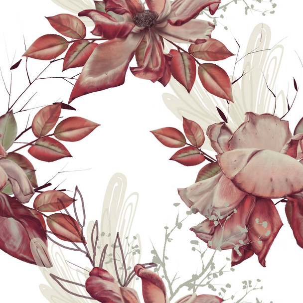 バラ、小枝、葉の背景。シームレスなパターン.  - 写真・画像