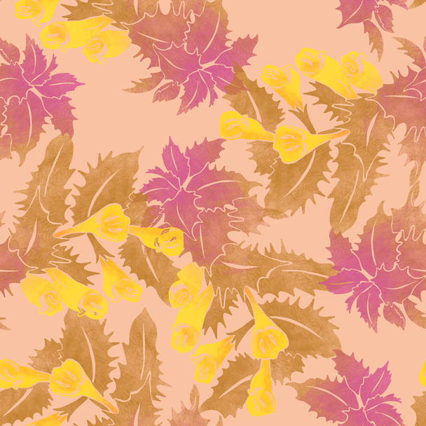 Seamless pattern with forest herb with purple leaves and yellow flowers - Zdjęcie, obraz