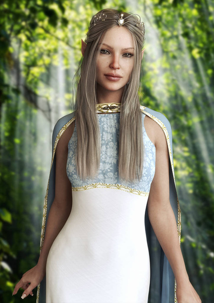 Vertical portrait of the queen of the elves female with an elegant dress and tiara with long platinum hair posing in the enchanted woods.Fantasy 3d rendering . - Foto, Bild