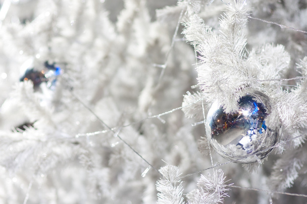 A close up image of a white decorative Christmas ornamental orb on a white fir tree branch with the blue lighting. - Foto, immagini