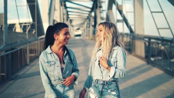 Happy best friends or sisters walking and talking - Footage, Video