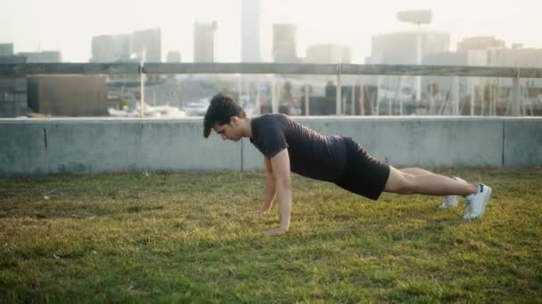Hombre atlético joven haciendo ejercicios de flexiones en el parque
 - Metraje, vídeo