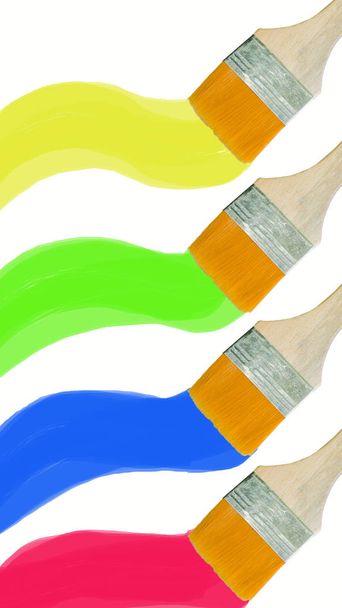pinceau sur fond blanc avec des taches de peinture de différentes couleurs
 - Photo, image