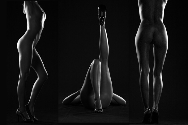 Three naked girls in various poses in a black tone - Fotó, kép