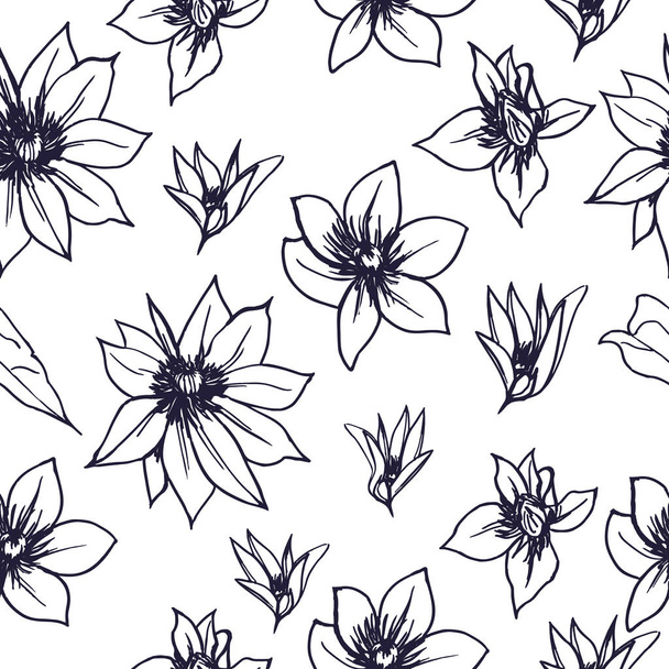 Naadloos patroon met delicate bloemen. Ontwerp voor banner, textiel, verpakking, wrapper. Donkere achtergrond - Foto, afbeelding