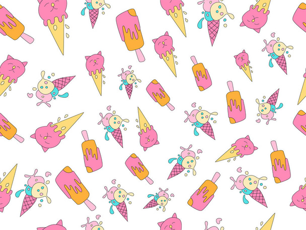 Ice cream vector cartoon pattern. Sweet icecream, pink and yellow colors with splashes. Ice dessert seamless pattern on white background. Cartoon vanilla, berry and strawberry ice cream pattern on - Вектор, зображення
