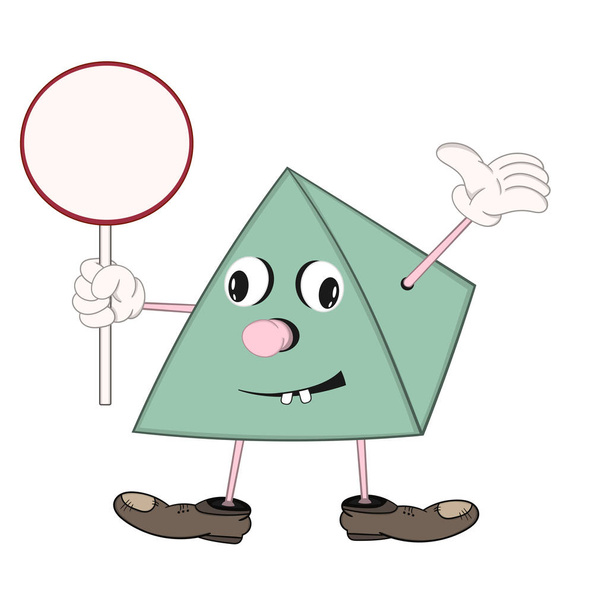 divertente piramide fumetto verde in scarpe tiene un piatto rotondo in mano, sorride e alza la mano
. - Vettoriali, immagini