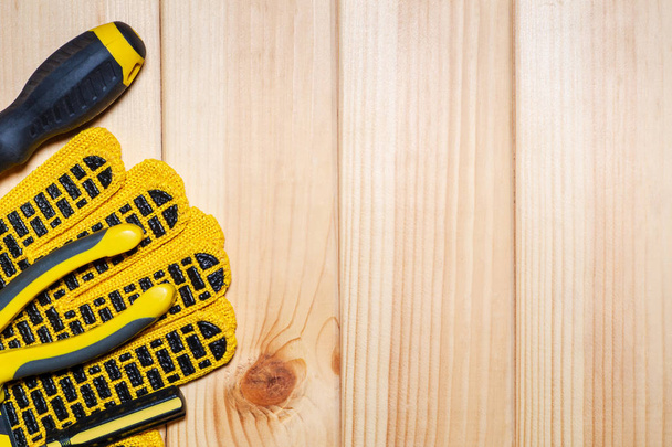 Construction tool on wood board maintenance concept. - Fotó, kép