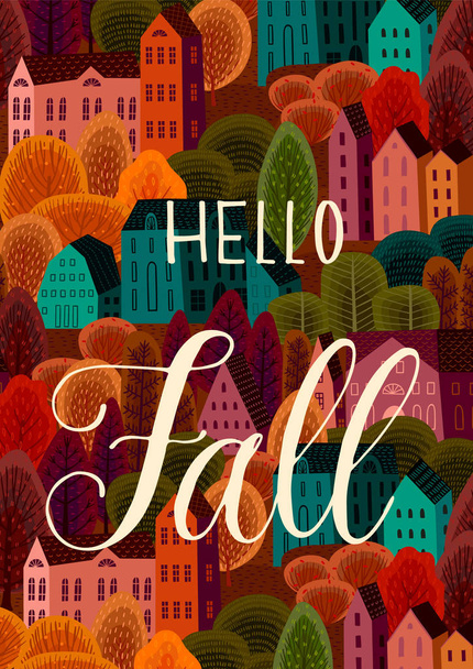 Autumn design with autumn city. Vector template for card, poster, flyer, cover and other use. - Вектор, зображення