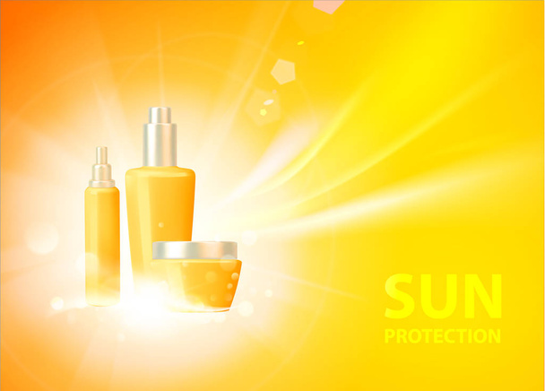 Fényvédő címke tervezés a nyári vakáció. Bőrápolási koncepció. UV-védelem és fehérítő krém. - Vektor, kép