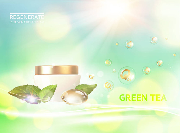 Glas Sahne auf grünem Hintergrund. glänzende Bio-Essenz-Flasche. Feuchtigkeitscreme mit grünem Tee und regenerierender Creme. - Vektor, Bild