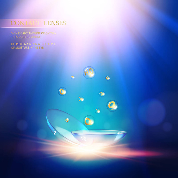 Contact lens concept with water wave flows over blue background and two eye lenses. - Vector, Image