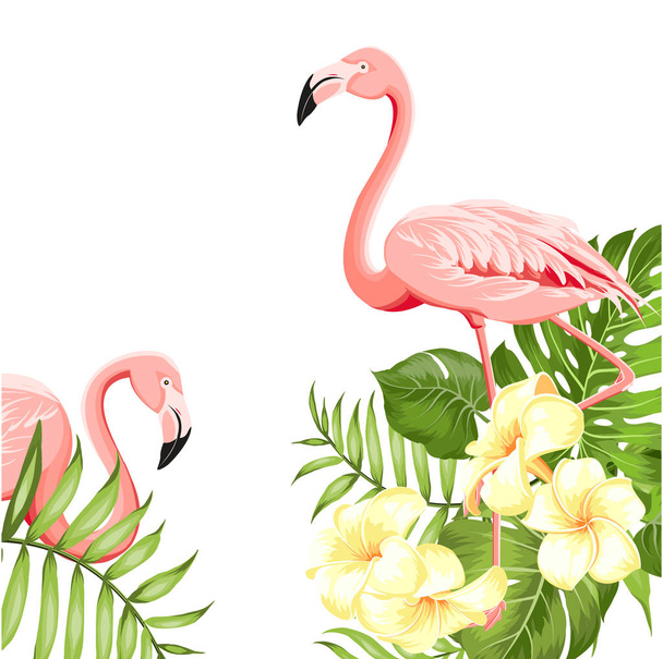 フラミンゴの鳥とプルメリアの花は、白い背景の上に孤立しました。熱帯の鳥や花のイラスト。ラッピング、ファブリック、招待状、テンプレートデザインのためのファッションサマープリント - ベクター画像