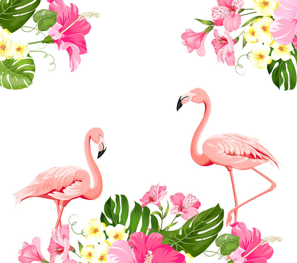 Flamingo arka plan tasarımı. Tropikal çiçekler illüstrasyon. Sarma, kumaş, davet kartı ve şablon tasarımı için moda yaz baskı. - Vektör, Görsel