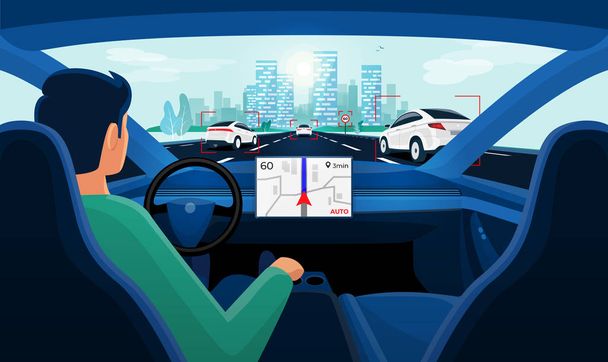 Autonominen Smart Driverless Car Self ajo. Kuljettaja, jolla ei ole ohjauskäsiä
.  - Vektori, kuva