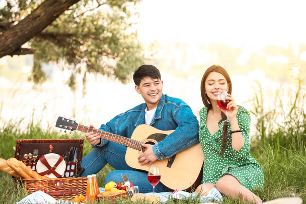 Young couple with guitar on picnic in park - Foto, Imagem