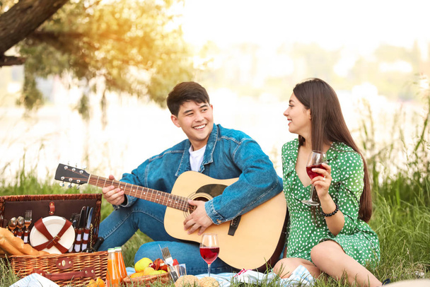 Young couple with guitar on picnic in park - Fotoğraf, Görsel