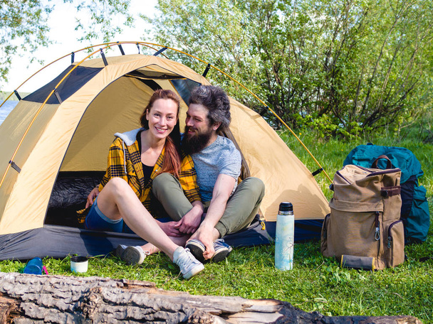 Couple have a rest in tent  - Photo, image