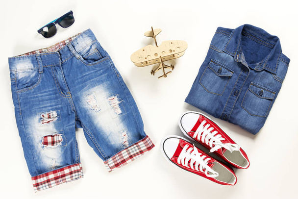 Collection collage of summer clothing and accessories. Summer outfit of casual on white - Photo, Image