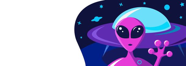 Greeting card on a fantasy space theme with a portrait of a purple alien and flying saucer ship.Spacecraft on the planet, starry sky of the galaxy. vector illustration. Invitation to zone 51  - Vector, Image