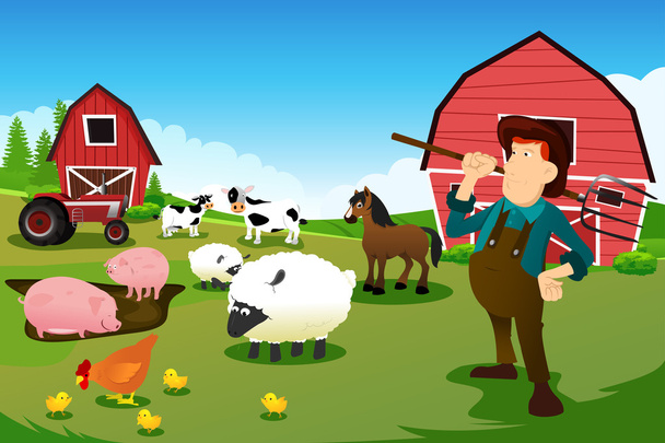 Mezőgazdasági termelő és a traktor egy farm, farm állatok és pajta - Vektor, kép