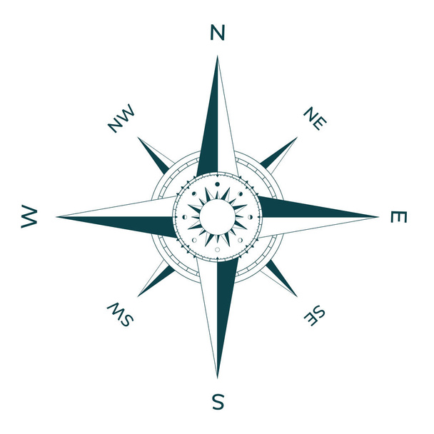 Nawigacyjna twarz kompasu z różą wiatrów, zegar słoneczny i kalendarz księżycowy. - Wektor, obraz