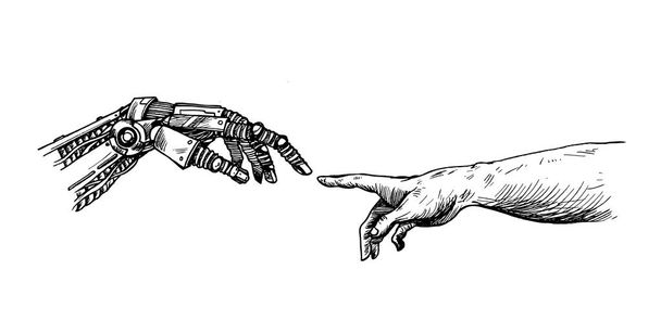 Ruce robotů a lidských rukou dotýkání se prstů, virtuální re - Vektor, obrázek