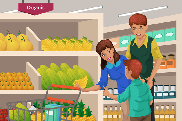 家庭の買い物、スーパー マーケットの果物 - ベクター画像