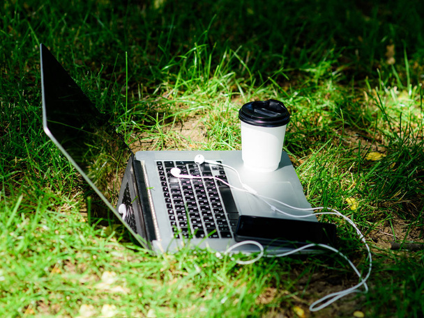 Coffee take away. Coffee break outdoors. Laptop modern smartphone with earphones and coffee cup on green grass. Summer park. Work and relax in natural environment. Green office. Its coffee time - Φωτογραφία, εικόνα