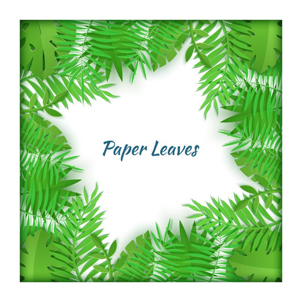 Négyszögletes keret nyári trópusi levelek papír vágott stílusban. Kézműves dzsungel növények gyűjtése fehér alapon. Kreatív vektoros kártya illusztráció papír vágás művészeti stílusban - Vektor, kép