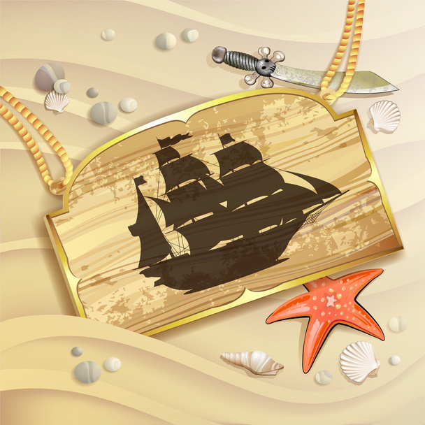 Wood banner with pirate ship - Vector, Imagen