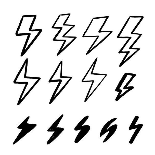 Modern Thunderbolt icon set. Hand drawn style Flash light sign. Vector grunge design. Power fast speed. Charge concept - Vector, Image
