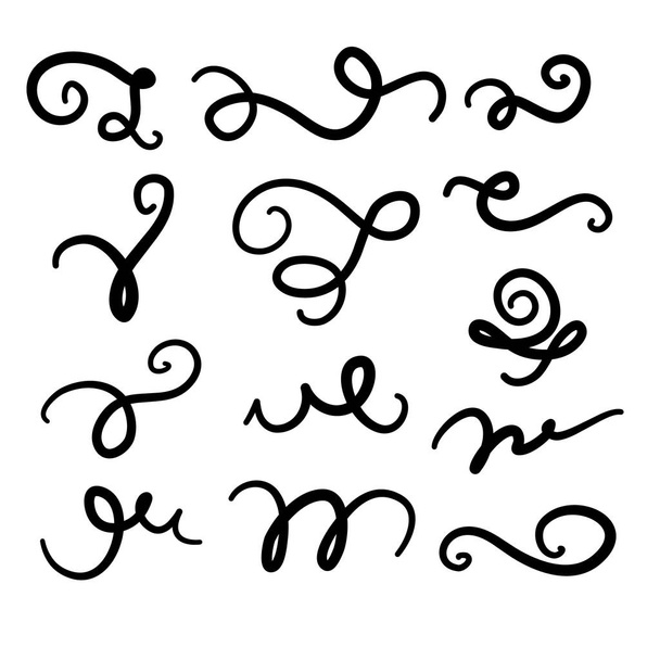 Set of hand drawn lettering and calligraphy swirls, squiggles. Vector ink decorations for composition - Vetor, Imagem