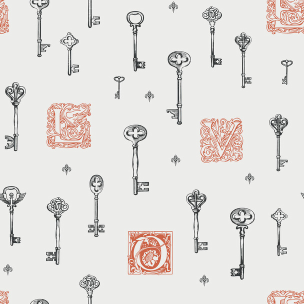 seamless pattern on theme of love with old keys - ベクター画像