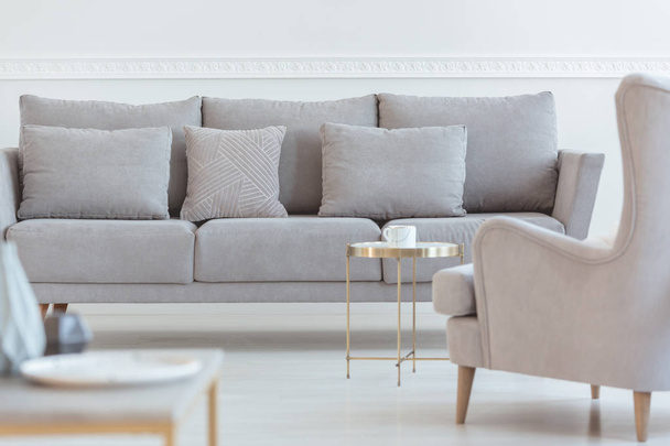 Poltrona cinza e sofá na moderna sala de estar com parede branca
 - Foto, Imagem