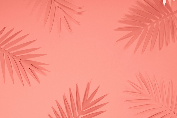 top view of coral tropical paper cut palm leaves, minimalistic background with copy space - Foto, Bild