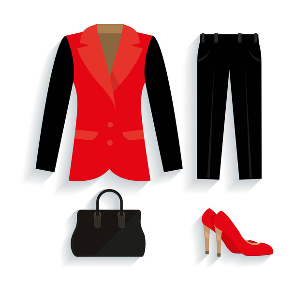 Женский костюм. Готовый лук. Красная куртка и обувь, черная сумка и брюки
 - Вектор,изображение