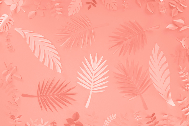 top view of coral tropical paper cut palm leaves, minimalistic background - Photo, image