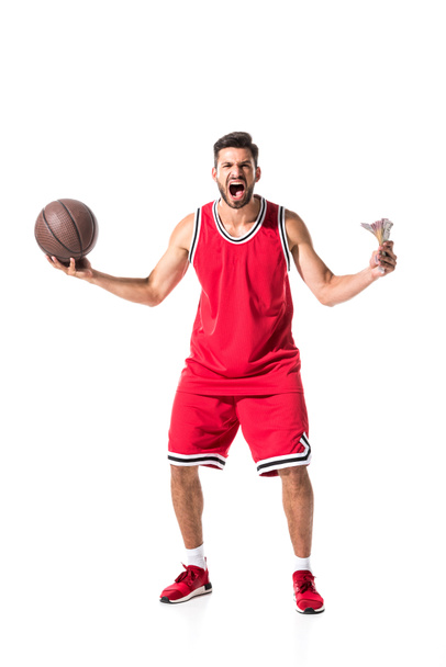 jugador de baloncesto con billetes de pelota y dólar Aislado en Blanco
  - Foto, Imagen