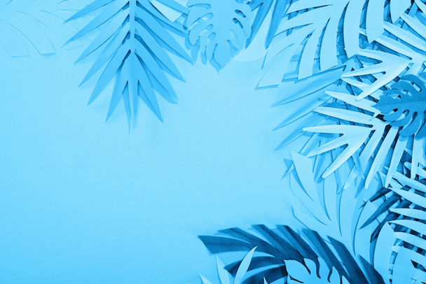 frame of paper leaves on blue minimalistic background with copy space - Photo, Image