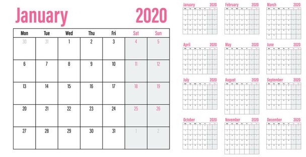 Calendário planejador 2020 modelo de ilustração vetorial todos os 12 meses semana começa na segunda-feira e indicar fins de semana no sábado e domingo
 - Vetor, Imagem