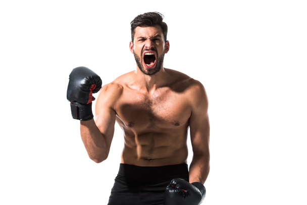 angry shirtless Boxer screaming Isolated On White - Photo, Image
